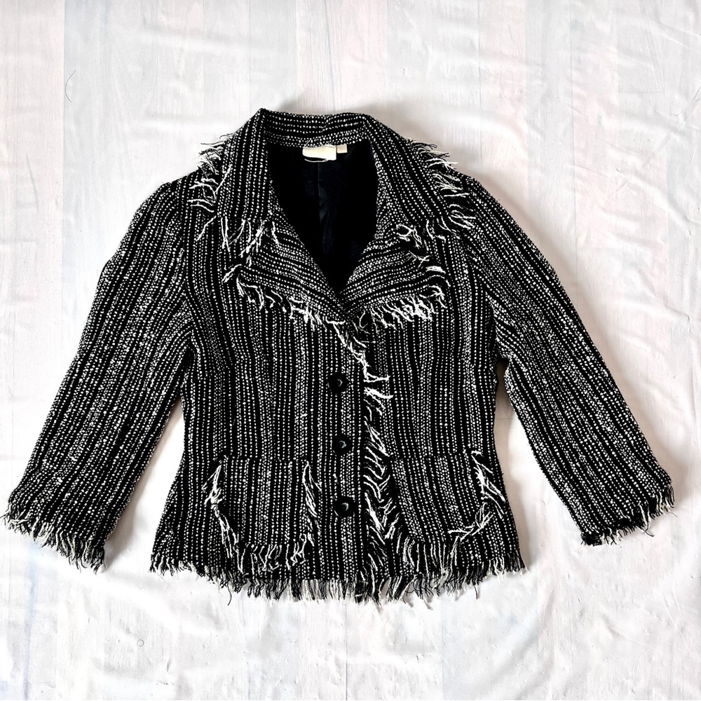 Vintage Rebecca Malone Tweed Jacket Blazer Black and White Fringe quarter sleeve